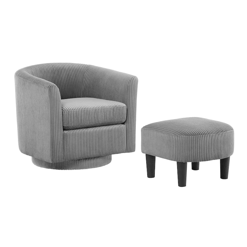 Sillón giratorio decorativo de pana gris con otomana