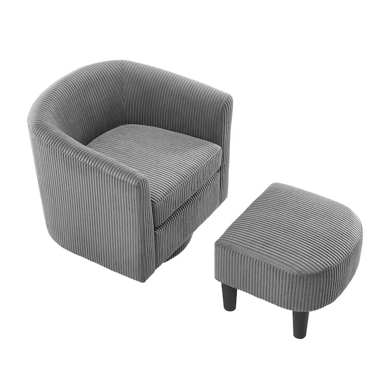 Sillón giratorio decorativo de pana gris con otomana