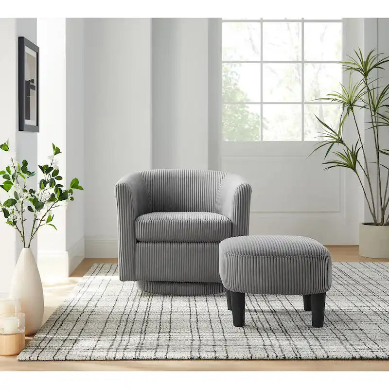 Sillón giratorio decorativo de pana gris con otomana