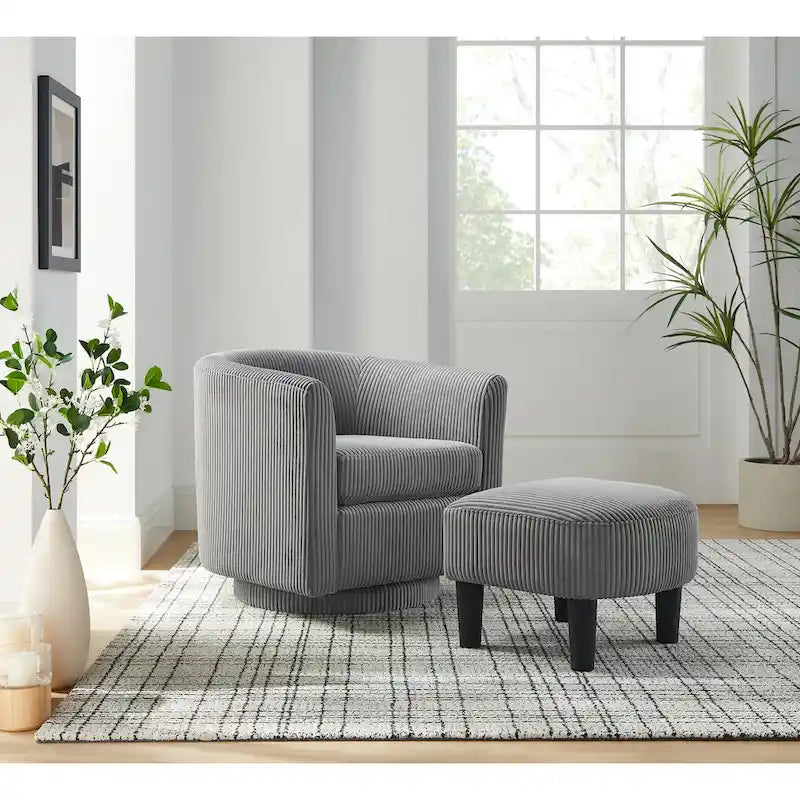 Sillón giratorio decorativo de pana gris con otomana