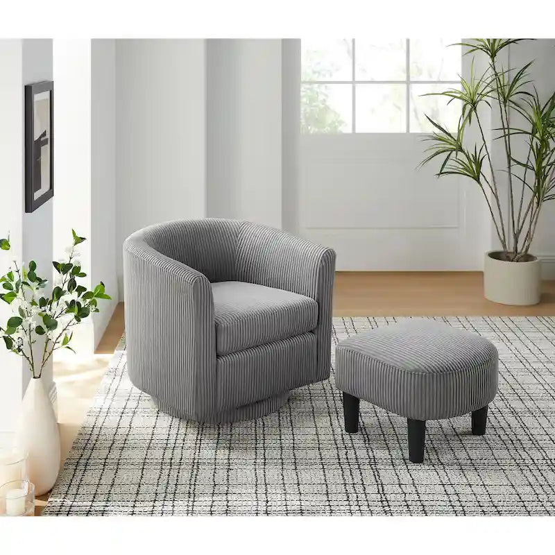 Sillón giratorio decorativo de pana gris con otomana