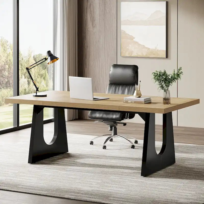 Escritorio de oficina rectangular grande con patas de madera