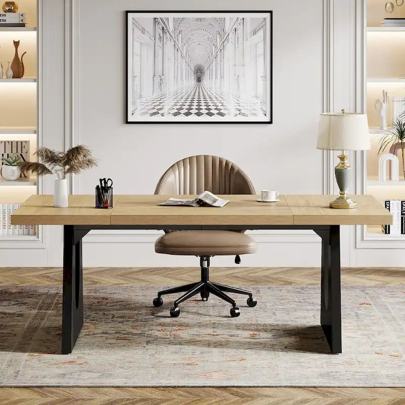 Escritorio de oficina rectangular grande con patas de madera