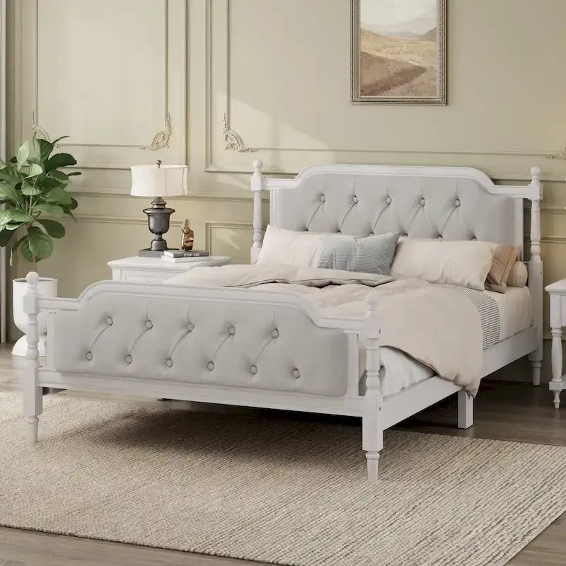 Base de cama matrimonial con cabecero tapizado capitoné y listones de madera de pino