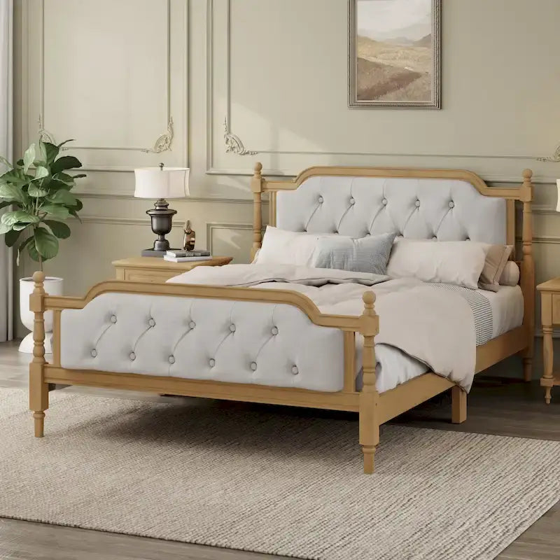 Base de cama matrimonial con cabecero tapizado capitoné y listones de madera de pino