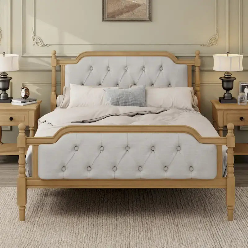 Base de cama matrimonial con cabecero tapizado capitoné y listones de madera de pino