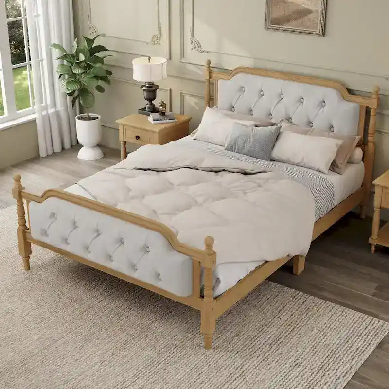 Base de cama matrimonial con cabecero tapizado capitoné y listones de madera de pino