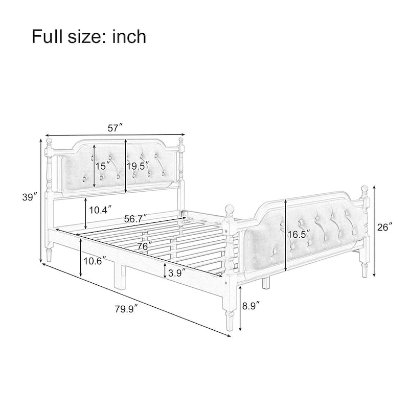 Base de cama matrimonial con cabecero tapizado capitoné y listones de madera de pino