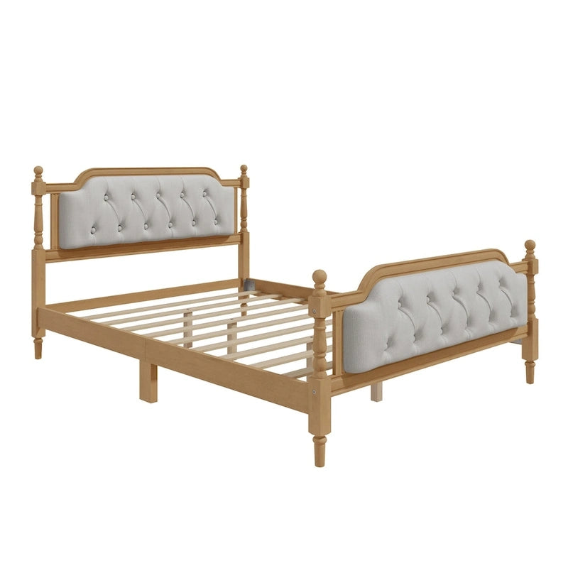 Base de cama matrimonial con cabecero tapizado capitoné y listones de madera de pino