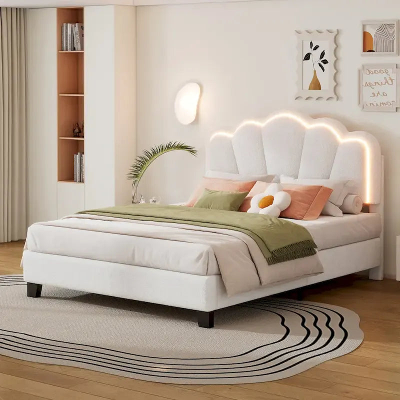 Cama tapizada Sherpa tamaño matrimonial con cabecero floral con LED
