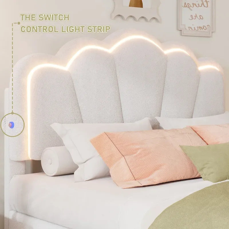 Cama tapizada Sherpa tamaño matrimonial con cabecero floral con LED