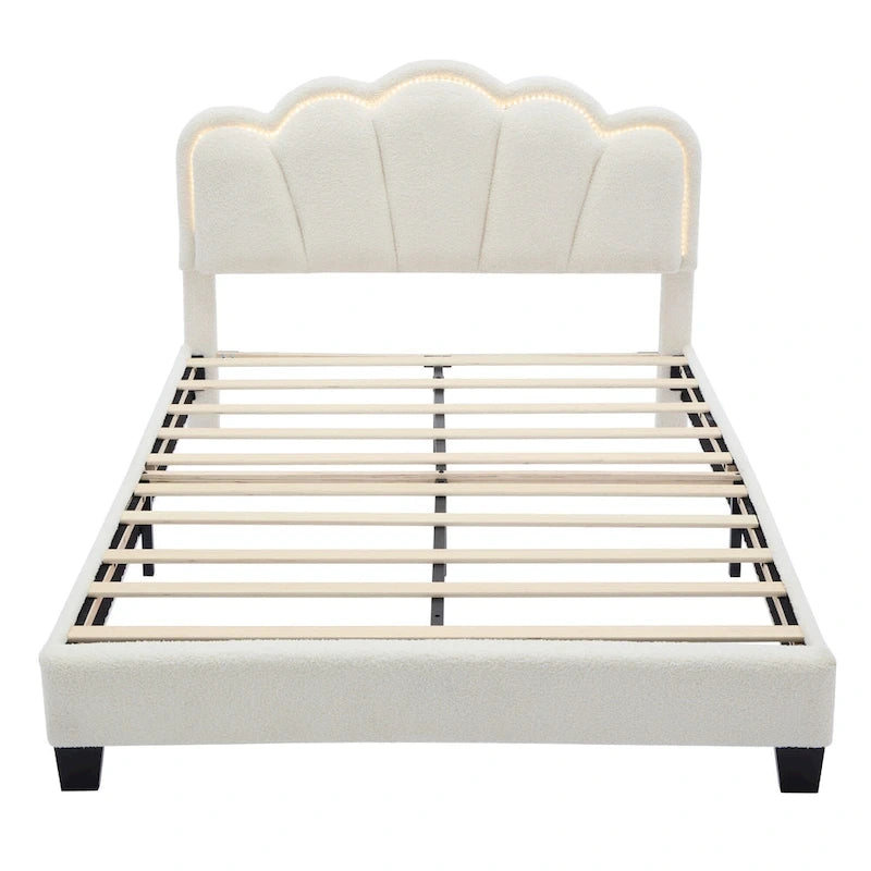 Cama tapizada Sherpa tamaño matrimonial con cabecero floral con LED