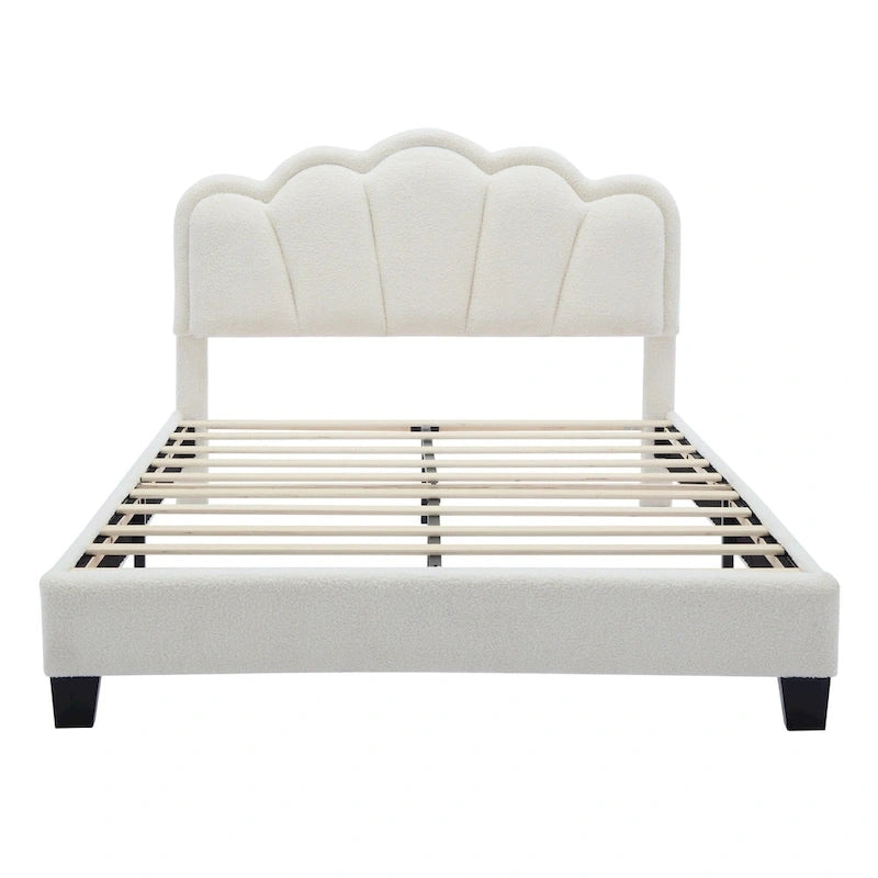 Cama tapizada Sherpa tamaño matrimonial con cabecero floral con LED