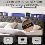 Cama Plataforma Tapizada King Size con Cabecero LED y Almacenamiento