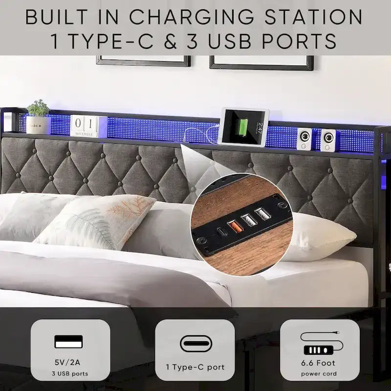 Cama Plataforma Tapizada King Size con Cabecero LED y Almacenamiento