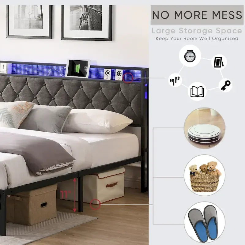 Cama Plataforma Tapizada King Size con Cabecero LED y Almacenamiento