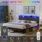 Cama Plataforma Tapizada King Size con Cabecero LED y Almacenamiento