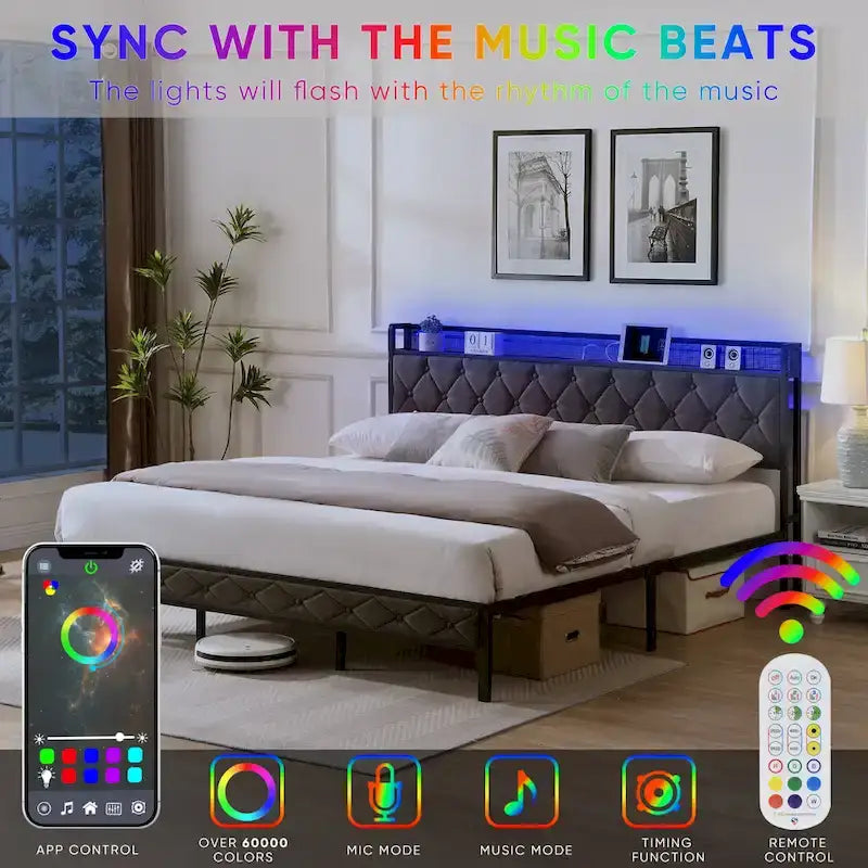 Cama Plataforma Tapizada King Size con Cabecero LED y Almacenamiento