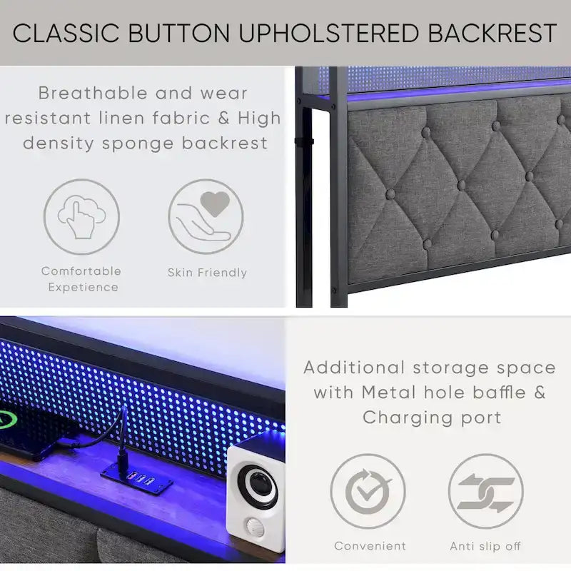 Cama Plataforma Tapizada King Size con Cabecero LED y Almacenamiento