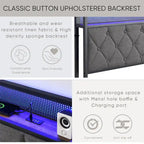 Cama Plataforma Tapizada King Size con Cabecero LED y Almacenamiento