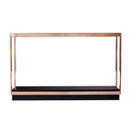 Mesa consola estrecha con superficie de cristal, estructura metálica y estante de almacenamiento