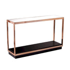 Mesa consola estrecha con superficie de cristal, estructura metálica y estante de almacenamiento