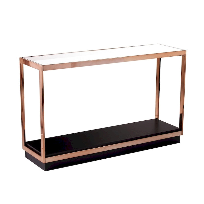 Mesa consola estrecha con superficie de cristal, estructura metálica y estante de almacenamiento