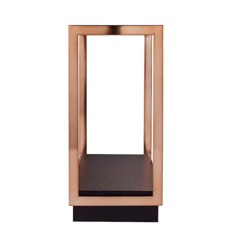 Mesa consola estrecha con superficie de cristal, estructura metálica y estante de almacenamiento