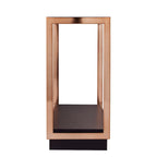 Mesa consola estrecha con superficie de cristal, estructura metálica y estante de almacenamiento