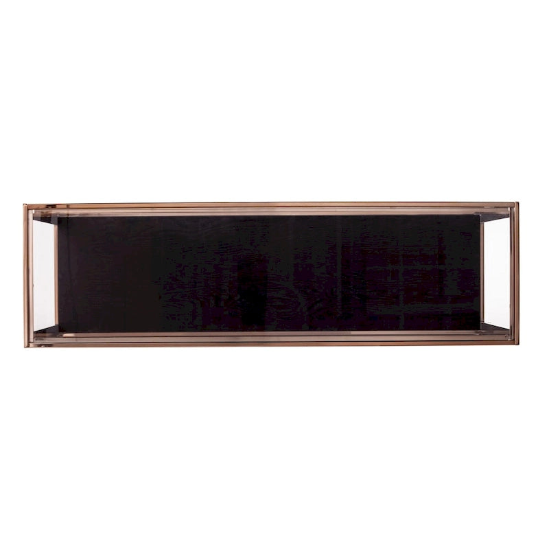 Mesa consola estrecha con superficie de cristal, estructura metálica y estante de almacenamiento