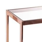 Mesa consola estrecha con superficie de cristal, estructura metálica y estante de almacenamiento