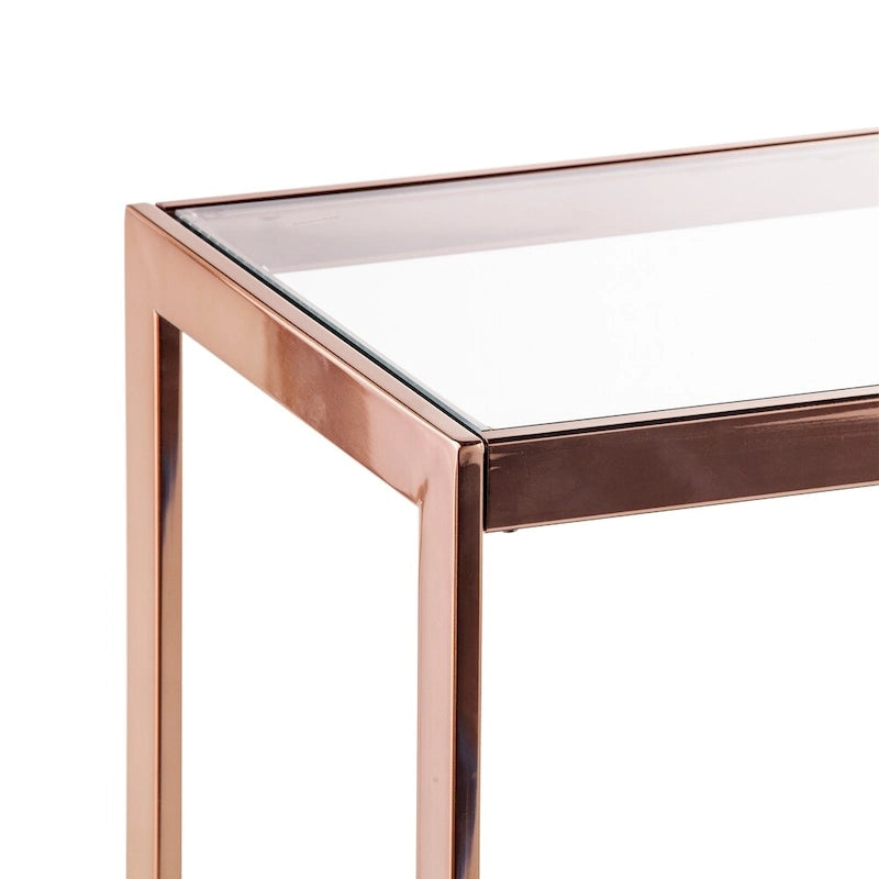 Mesa consola estrecha con superficie de cristal, estructura metálica y estante de almacenamiento