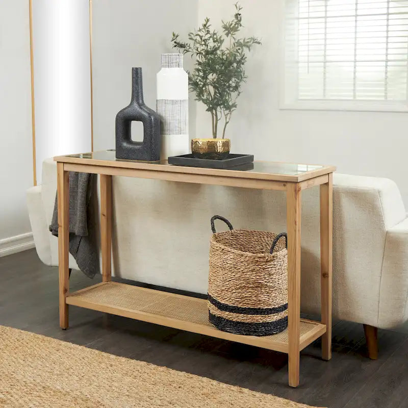Mesa Consola Delgada de Madera con Tapa de Cristal y Estante de Ratán - Marrón - 14Wx47Lx32H