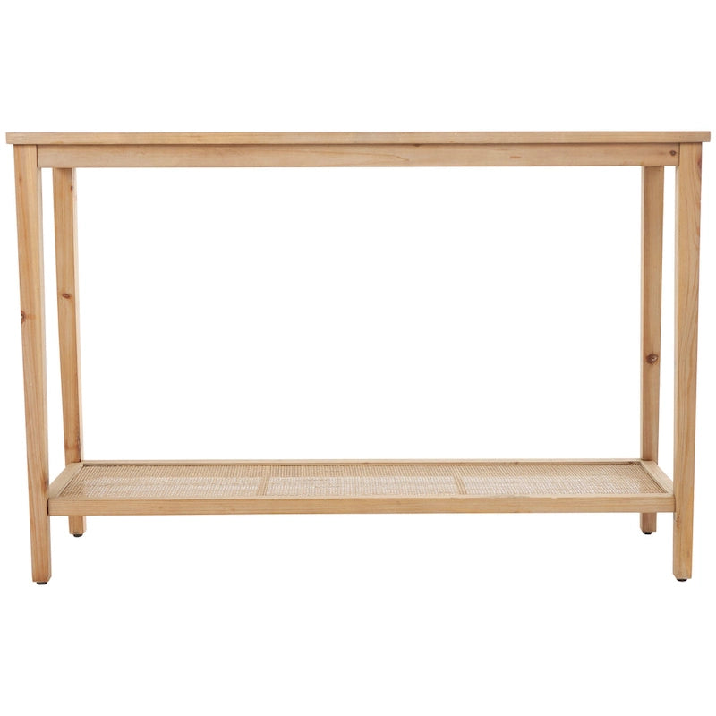 Mesa Consola Delgada de Madera con Tapa de Cristal y Estante de Ratán - Marrón - 14Wx47Lx32H