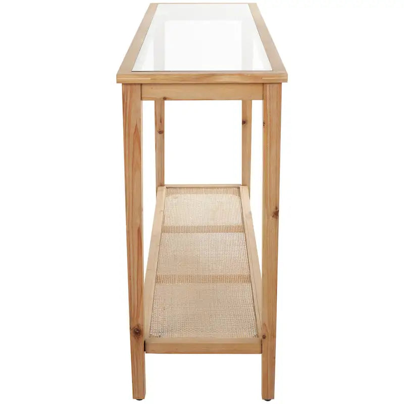 Mesa Consola Delgada de Madera con Tapa de Cristal y Estante de Ratán - Marrón - 14Wx47Lx32H