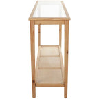 Mesa Consola Delgada de Madera con Tapa de Cristal y Estante de Ratán - Marrón - 14Wx47Lx32H