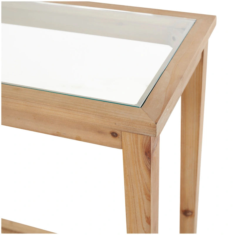 Mesa Consola Delgada de Madera con Tapa de Cristal y Estante de Ratán - Marrón - 14Wx47Lx32H