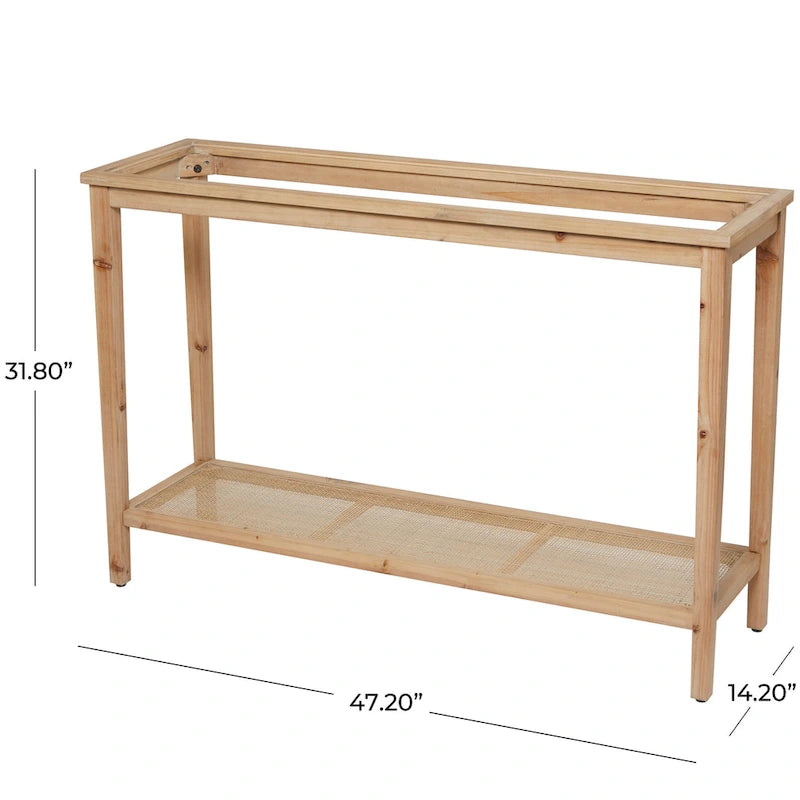 Mesa Consola Delgada de Madera con Tapa de Cristal y Estante de Ratán - Marrón - 14Wx47Lx32H