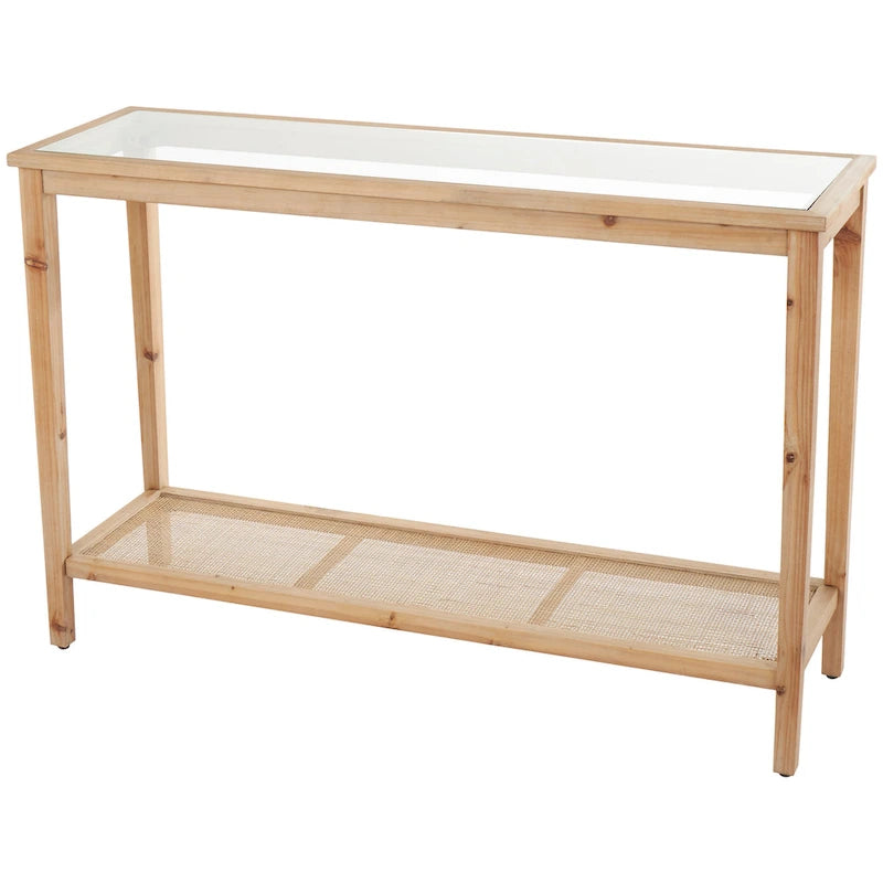 Mesa Consola Delgada de Madera con Tapa de Cristal y Estante de Ratán - Marrón - 14Wx47Lx32H