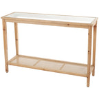 Mesa Consola Delgada de Madera con Tapa de Cristal y Estante de Ratán - Marrón - 14Wx47Lx32H
