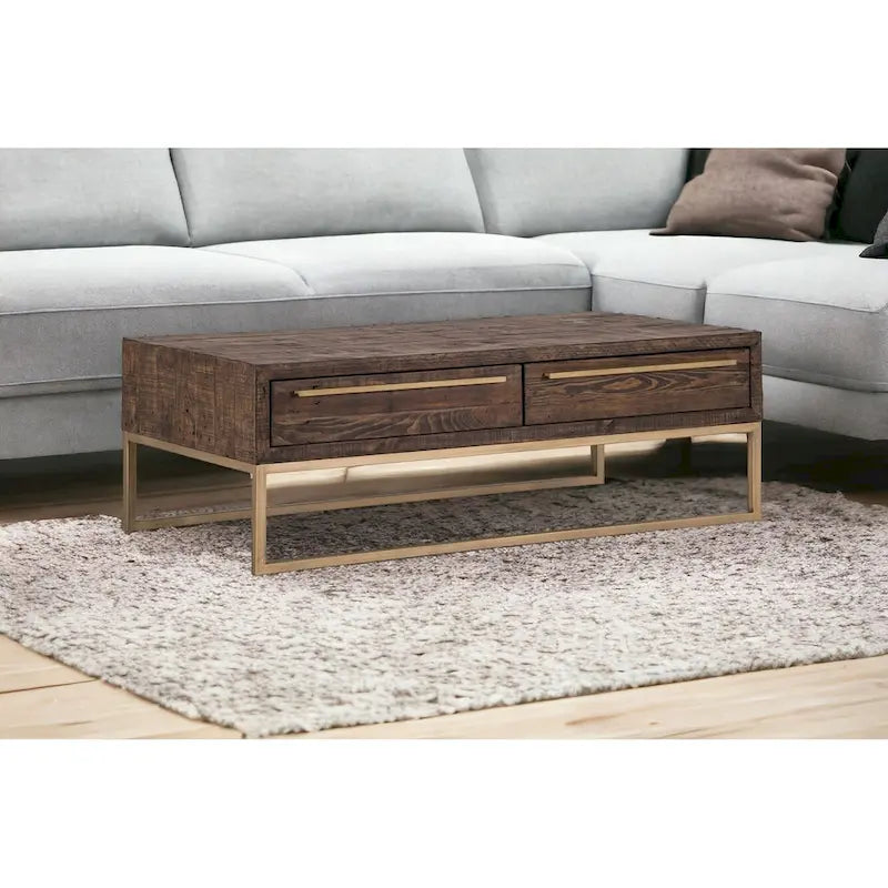 HomeRoots 47 Mesa de centro de metal marrón oscuro y dorado con cajón - 46.5