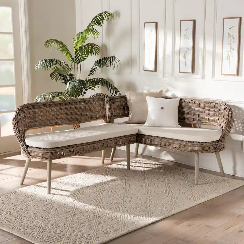 Juego de banqueta de comedor de 2 piezas Raisa de ratán Kubu natural y madera de acacia, estilo bohemio moderno