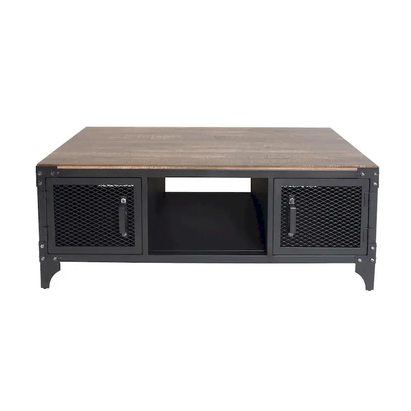 Mesa de centro rústica de almacenamiento de acero de 48 pulgadas en negro y nogal oscuro