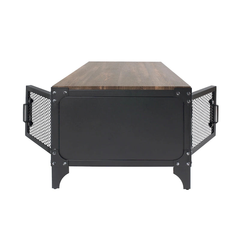 Mesa de centro rústica de almacenamiento de acero de 48 pulgadas en negro y nogal oscuro