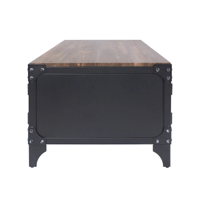 Mesa de centro rústica de almacenamiento de acero de 48 pulgadas en negro y nogal oscuro