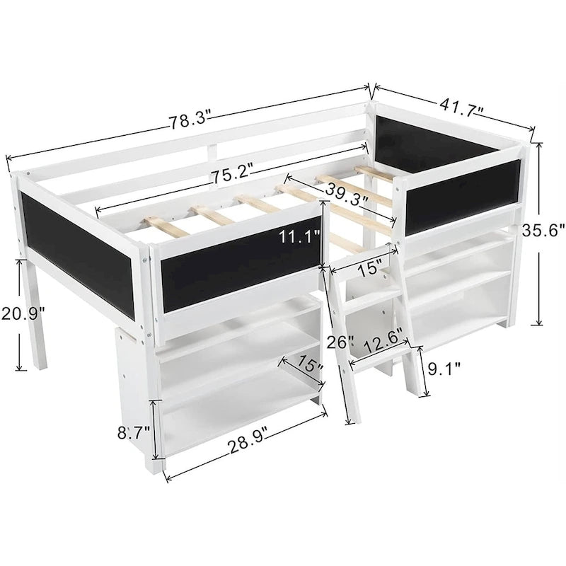 Cama baja tipo loft individual con 2 estantes, escalera y pizarra