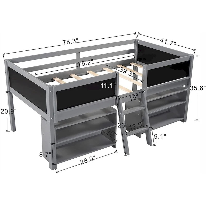 Cama baja tipo loft individual con 2 estantes, escalera y pizarra
