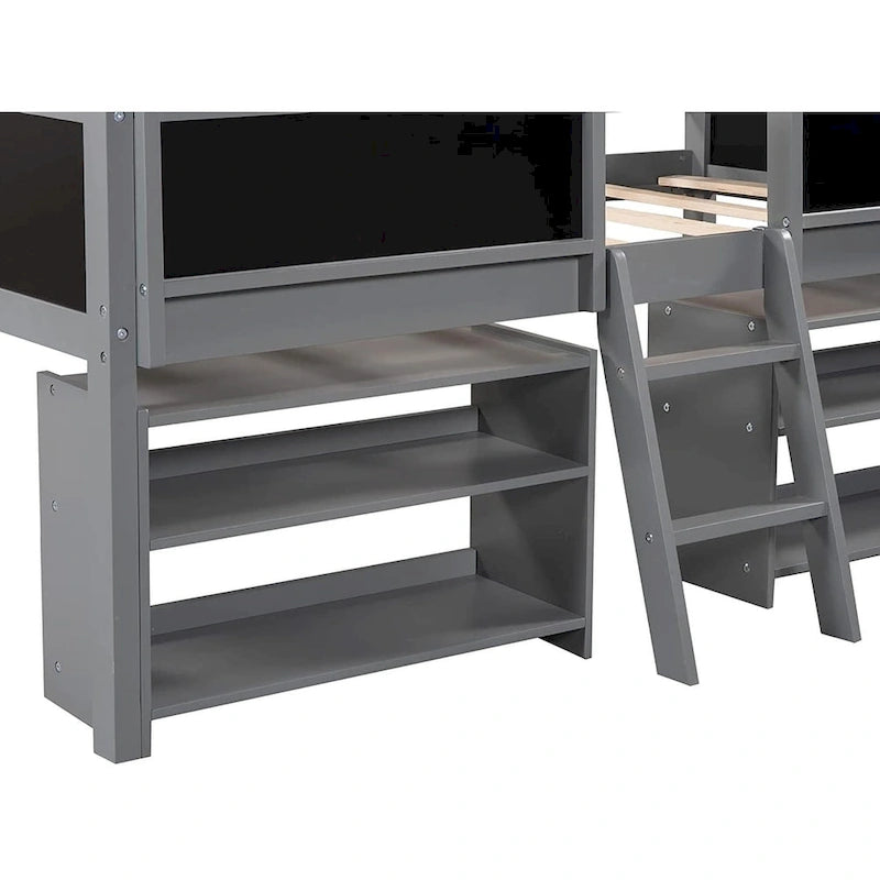 Cama baja tipo loft individual con 2 estantes, escalera y pizarra