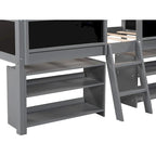 Cama baja tipo loft individual con 2 estantes, escalera y pizarra