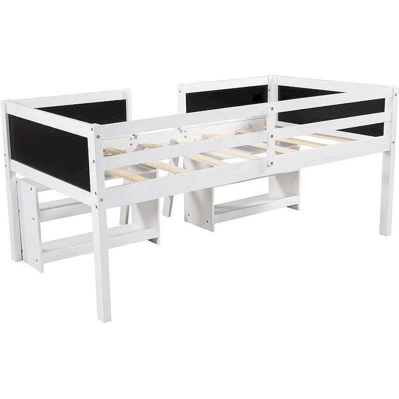 Cama baja tipo loft individual con 2 estantes, escalera y pizarra
